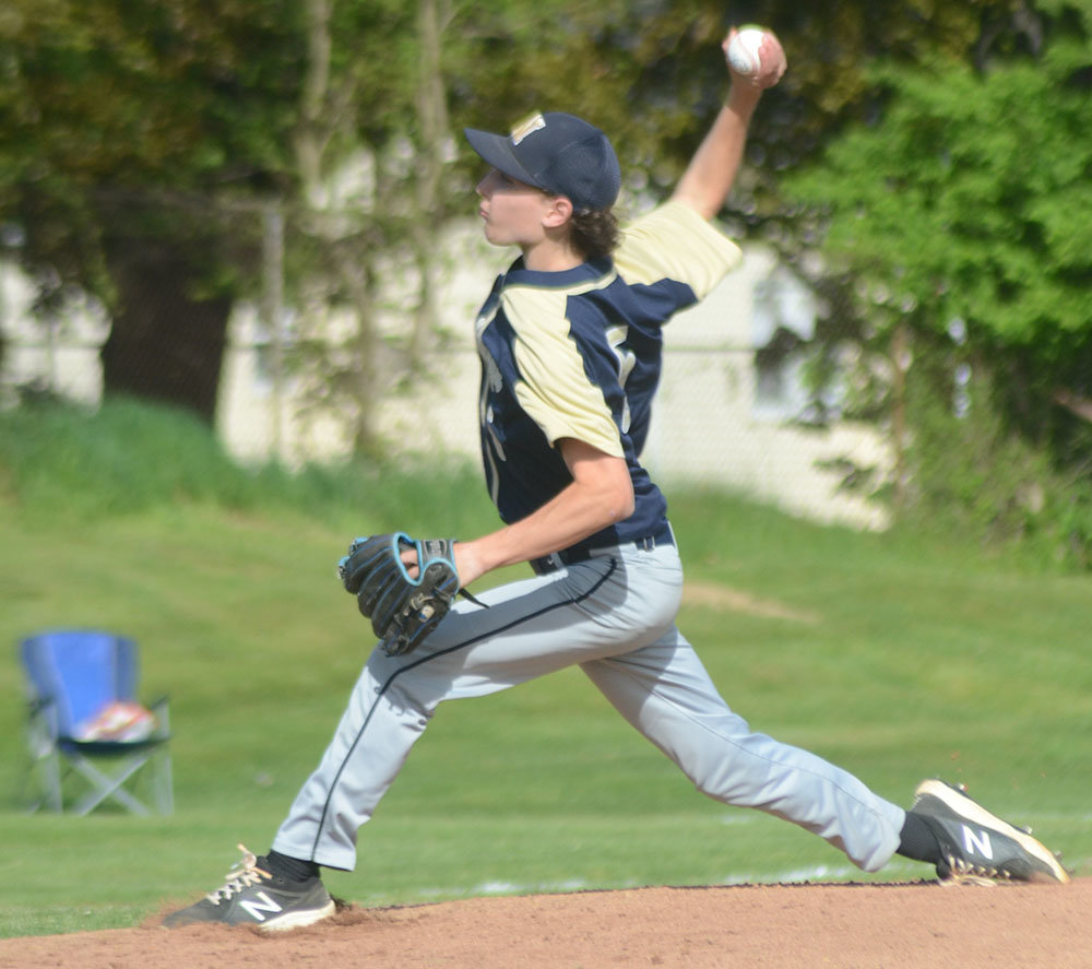 Newburgh’s Tyler Voltaire pitches during Friday’s OCIAA crossover baseball game at E.J. Russell Elementary School in Pine Bush.