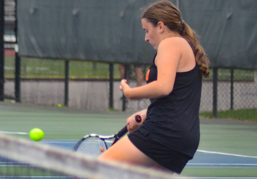 Marlboro’s Sydney Sladicka hits the ball during the MHAL girls’ tennis tournament on Oct. 13, 2021, at FDR High School in Hyde Park.