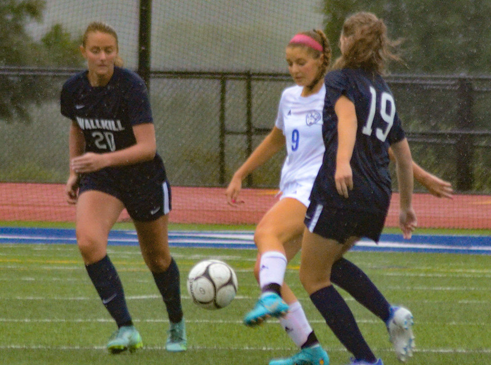 Valley Central’s Hannah Stahl turns the ball as Wallkill’s Gabriella Salese and Alex Dembinsky defend during a non-league girls’ soccer game on Sept. 6 at Wallkill Senior High School.
