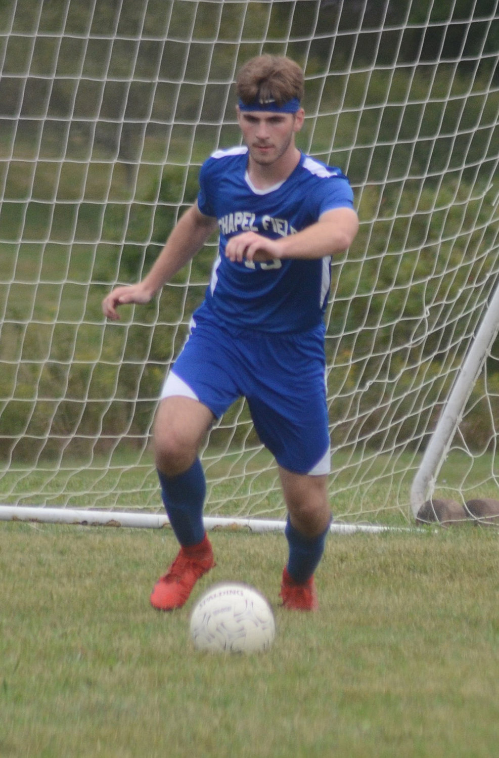 Chapel Field’s Michael Bonagura prepares to send the ball down the field during Wednesday’s non-league boys’ soccer game at Chapel Field Christian School in Pine Bush.