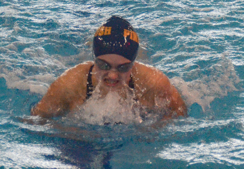 Pine Bush’s Ella Humphrey swims the 100-yard breaststroke during Thursday’s girls’ swimming dual meet at Pine Bush High School.