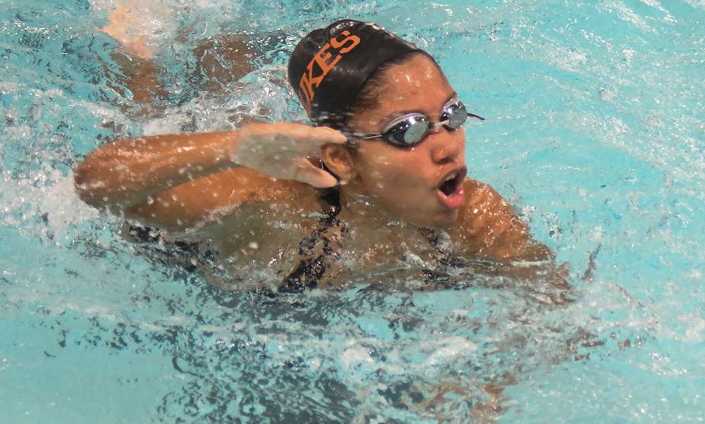 Marlboro’s Mariana Souffrant swims the 50-yard freestyle during an OCIAA girls’ swimming and diving meet on Sept. 19 at Newburgh Free Academy.