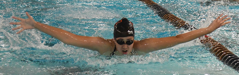Marlboro’s Jacqueline Rivera swims the 100-yard butterfly during an OCIAA girls’ swimming and diving meet on Sept. 19 at Newburgh Free Academy.
