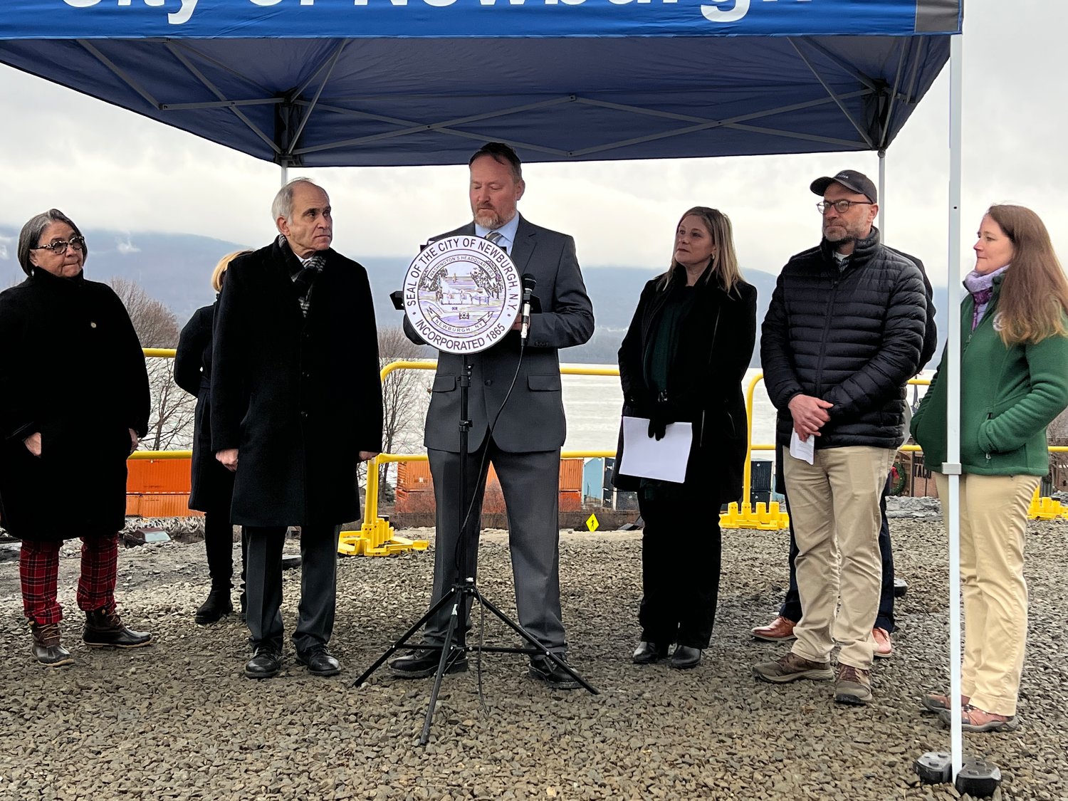 City of Newburgh Engineer Jason Morris [center] joined by elected officials, city council members and additional state partners introduced to the media and public the new tunnel boring machine as part of the North Interceptor Sewer Improvements Project.