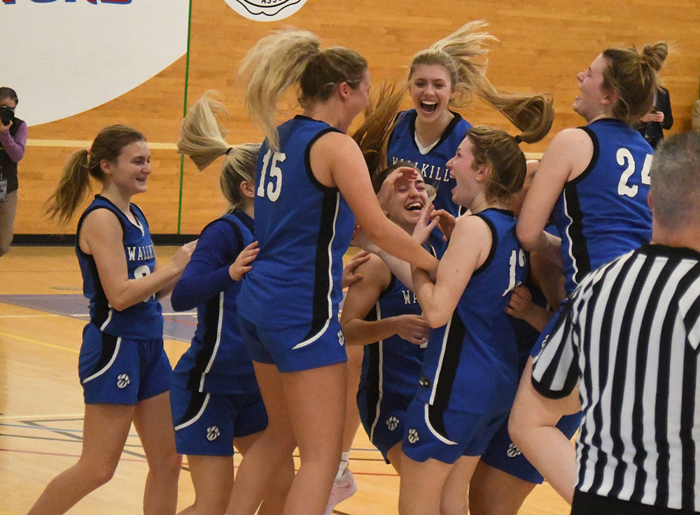 The Wallkill Panthers celebrate their MHAL championship victory over the Millbrook Blazers on Thursday at SUNY Ulster in Stone Ridge.