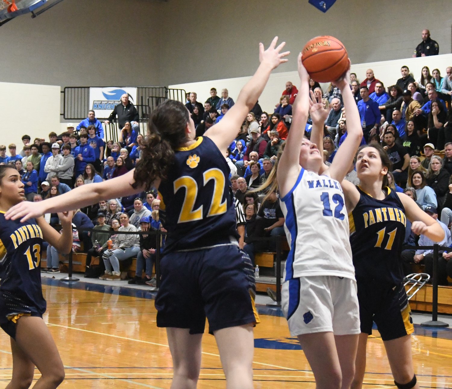 Wallkill's Alex Dembinsky grabs a rebound in front of Walter Panas' Julia Gallinger (22) and Sara Chiulli (11) as Sophia Tavarez (13) looks on during Saturday's NYSPHSAA Class A regional final at Mount Saint Mary College in Newburgh.