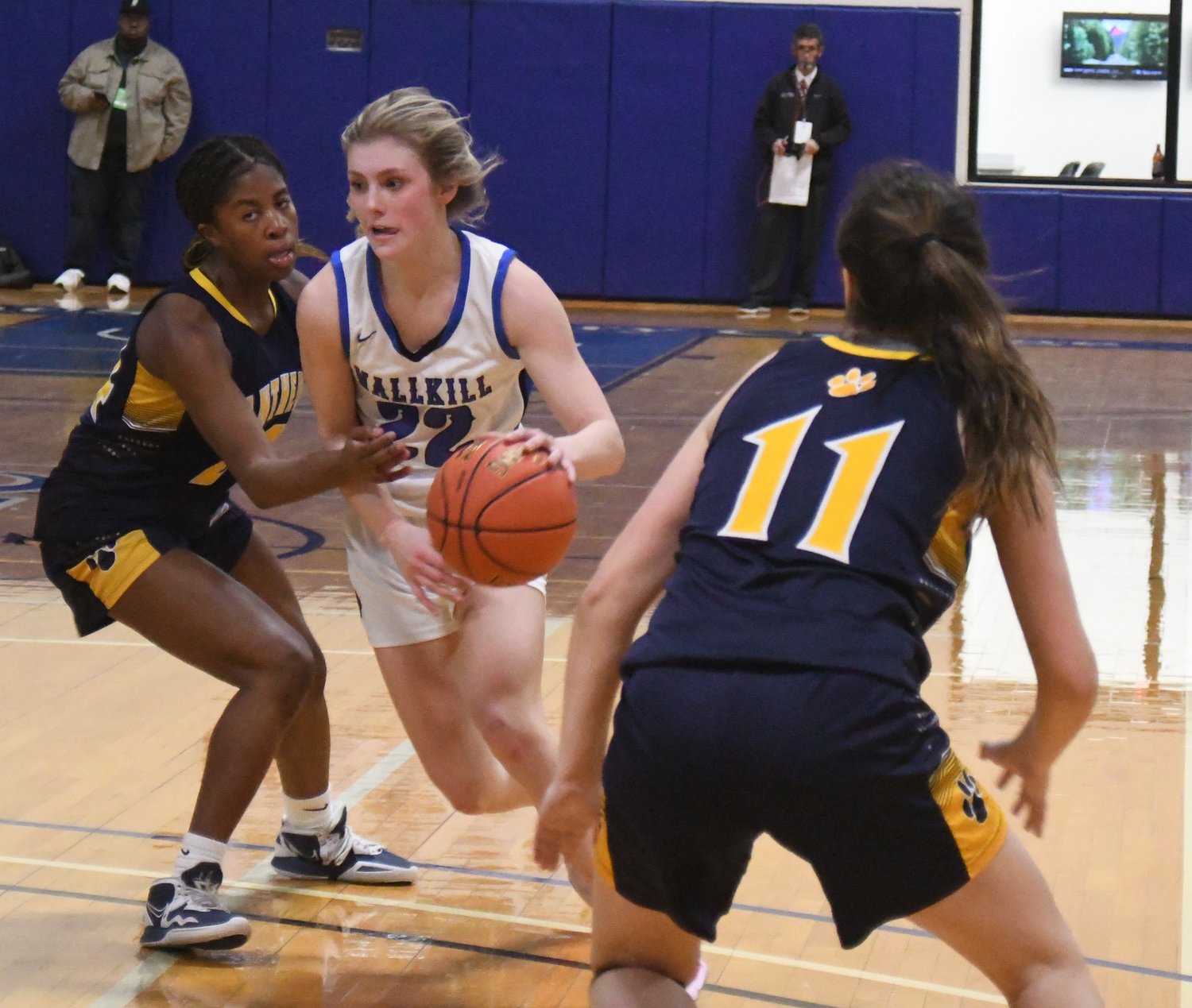Wallkill's Emma Spindler drives past Walter Panas' Kiara Williams defends and Sarah Chiulli looks on during Saturday's NYSPHSAA Class A regional final at Mount Saint Mary College in Newburgh.