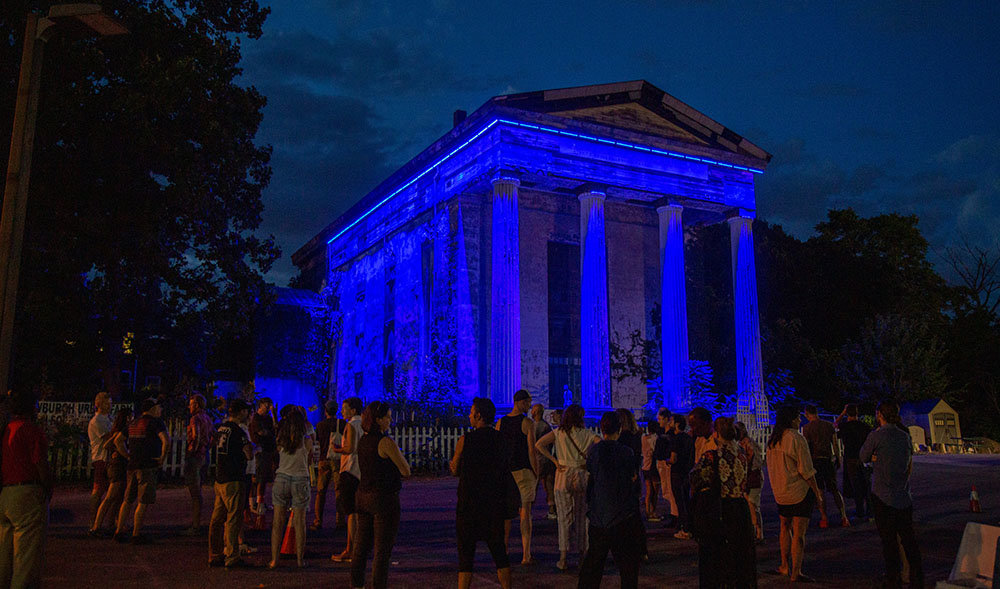 July 2022: the church is bathed in blue light as part of an art installation.