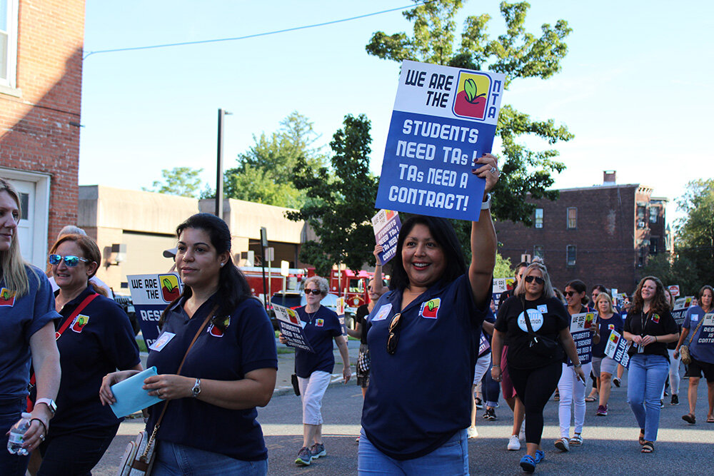 Newburgh Enlarged City School District educators, teaching assistants and supporters marched to the Newburgh Board of Education meeting seeking a new contract.